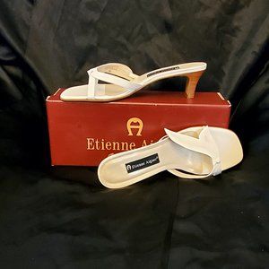 Etienne Aigner Sandals Womens Size 9 M White Leather Slip On Heels- New